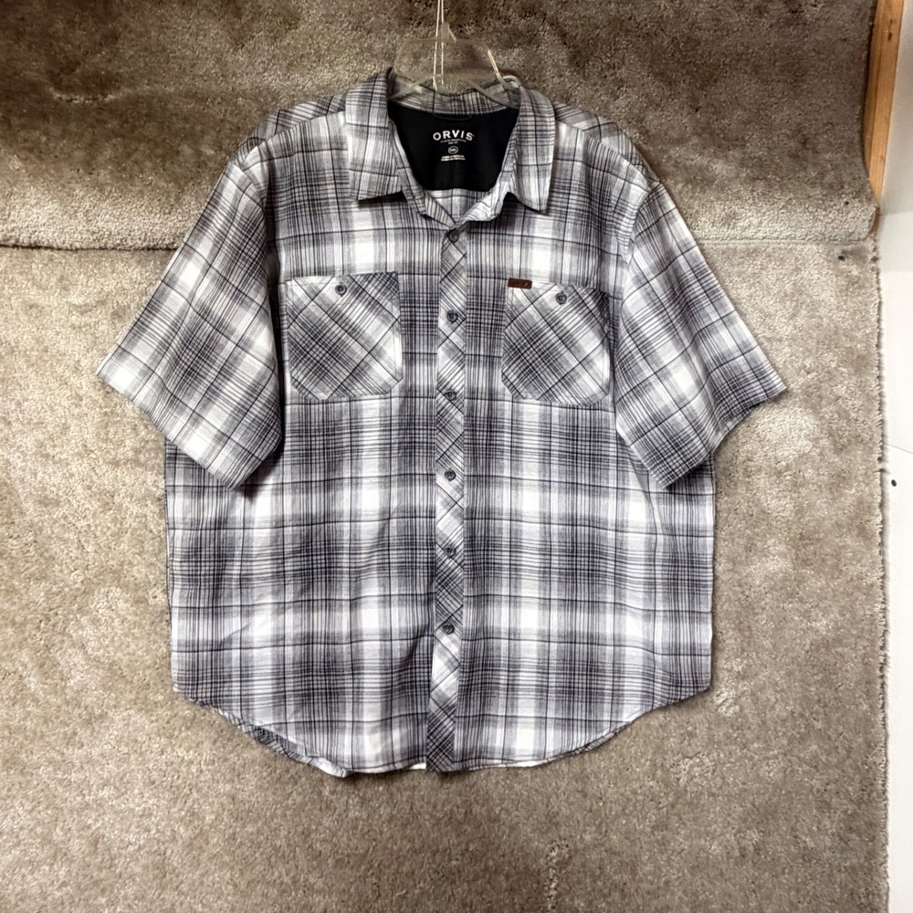 Orvis Button Down Shirt Mens XXL Grey Plaid Short Sleeve Fishing Performance